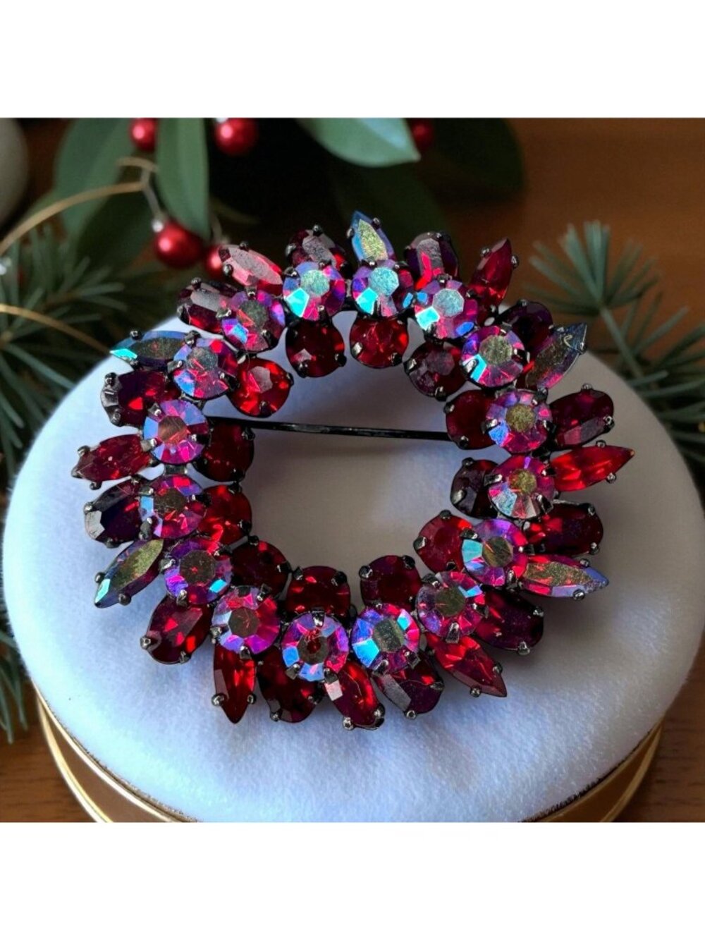 Sherman Vintage Siam Red AB Rhinestone Japanned Wreath Brooch Pin 1.61" Flaw